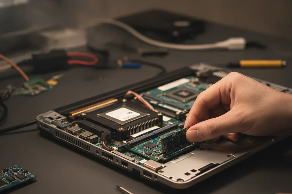 Instalação de um SSD em um notebook aberto